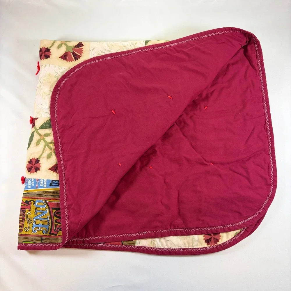 Handmade Vintage Style Patchwork Tied Quilt Floral Typography Lap Blanket 42x38